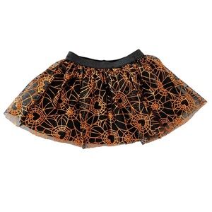 “Celebrate Halloween” Tulle Spiderweb Skirt Metallic Orange & Black | Girls 3T